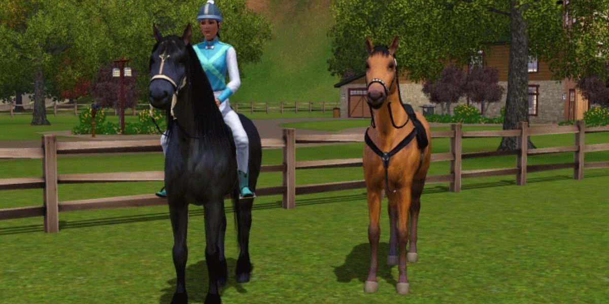 A character rides a horse in The Sims 3