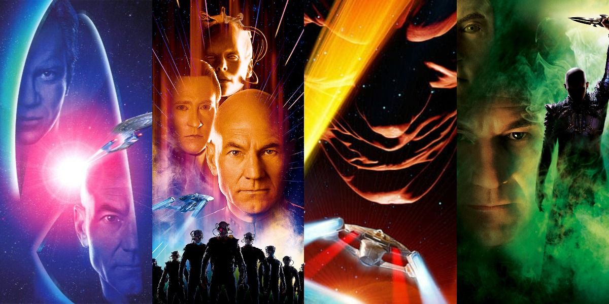 The posters for Star Trek: Generations, First Contact, Insurrection, and Nemesis.