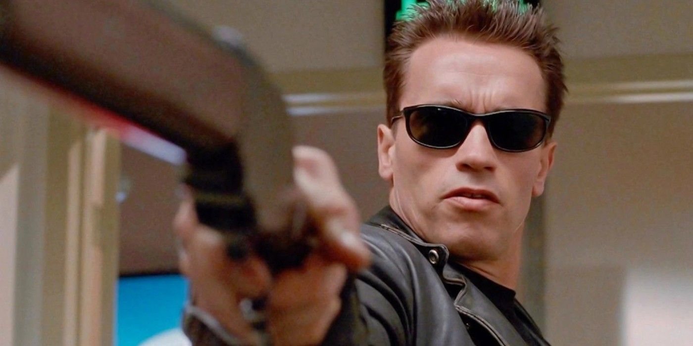 The Terminator points a gun towards someone