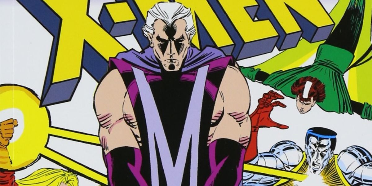A solemn Magneto awaits trial while The X-Men battle behind him in Marvel Comics