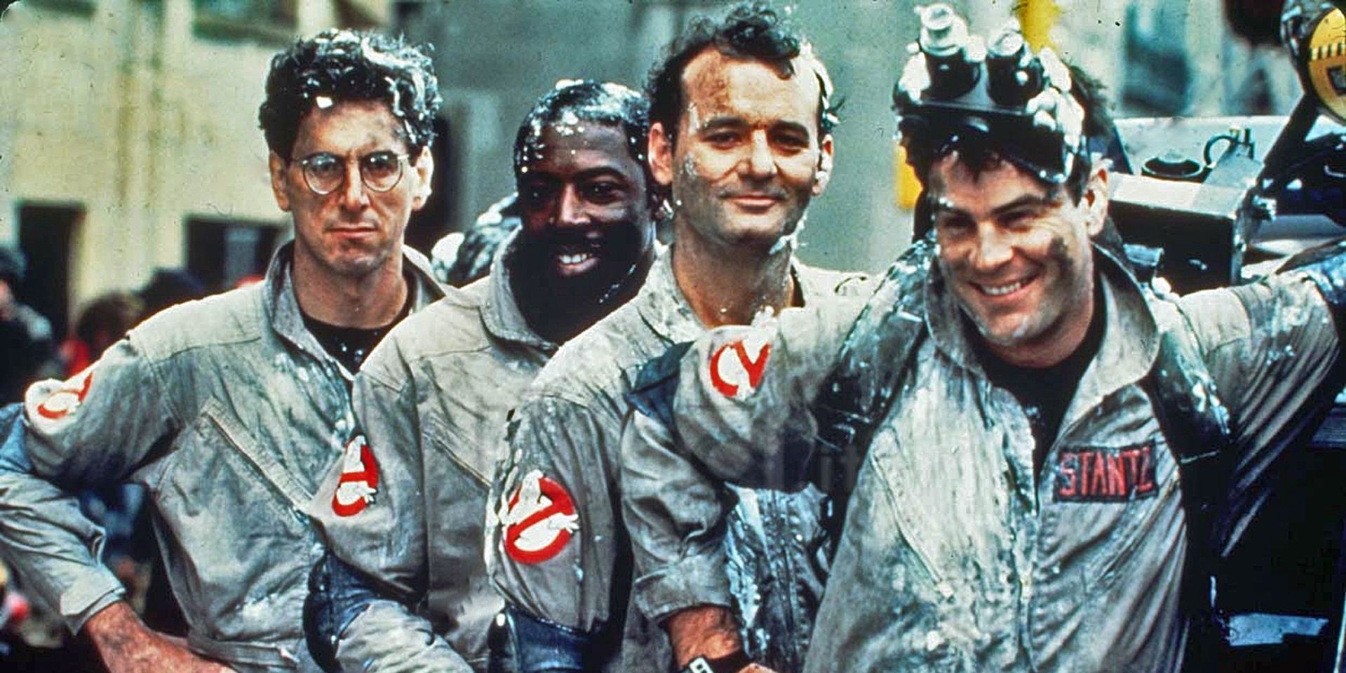 The cast of Ghostbusters covered in marshmallow goo
