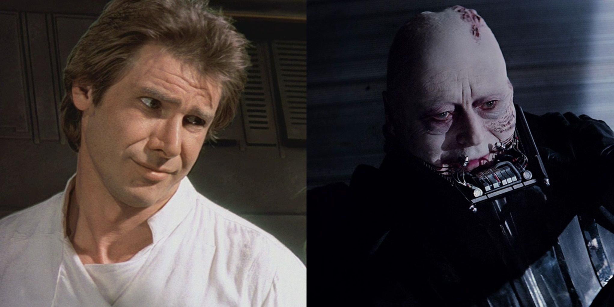 Han Solo smiling and Darth Vader unmasked in Return of the Jedi