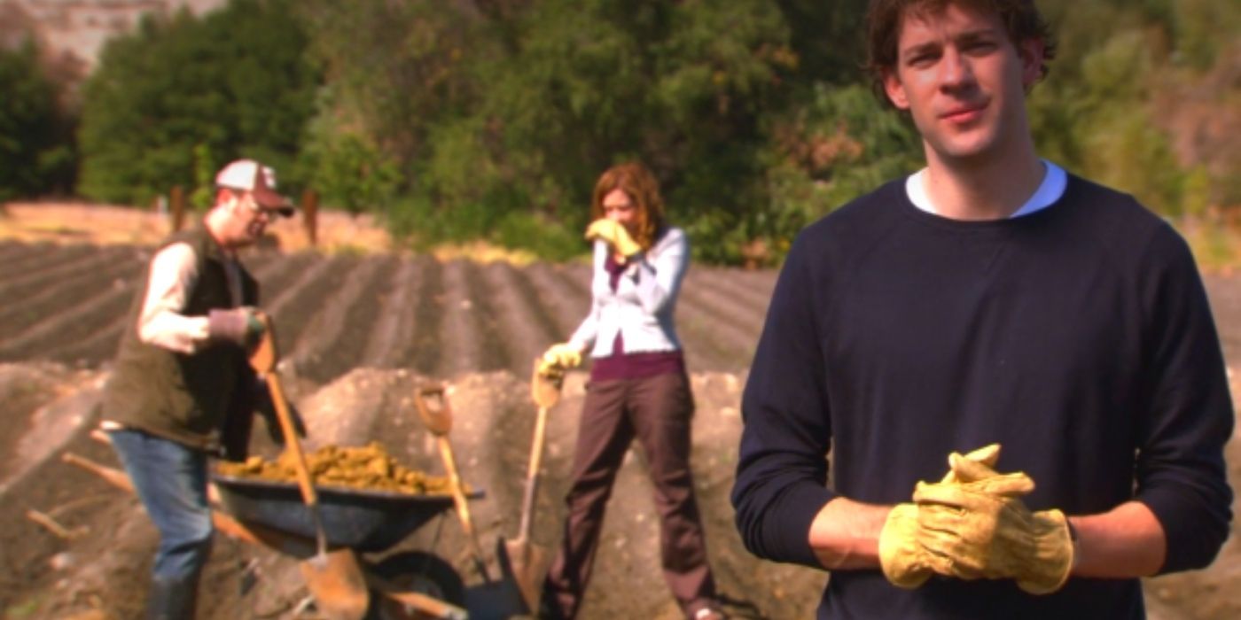 Jim stands in front of Pam and Dwight working the farm in The Office