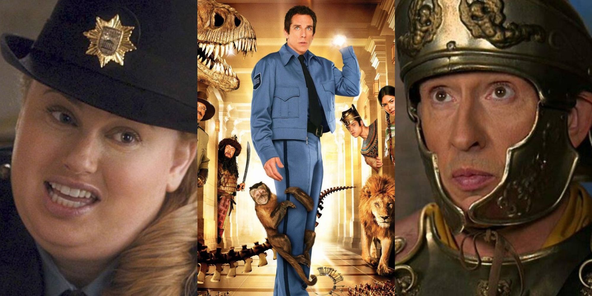 The poster for Night at the Museum flanked by images of Rebel Wilson and Steve Coogan from the movies