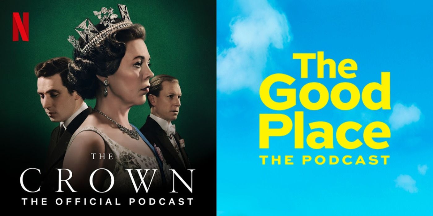 Side by side images from The Crown and The Good Place podcast title images.