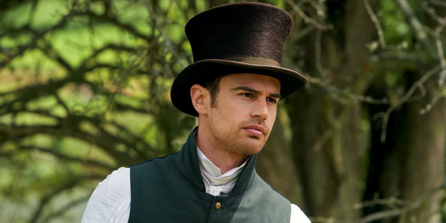 Theo James wearing a top hat in a woods in Sandition