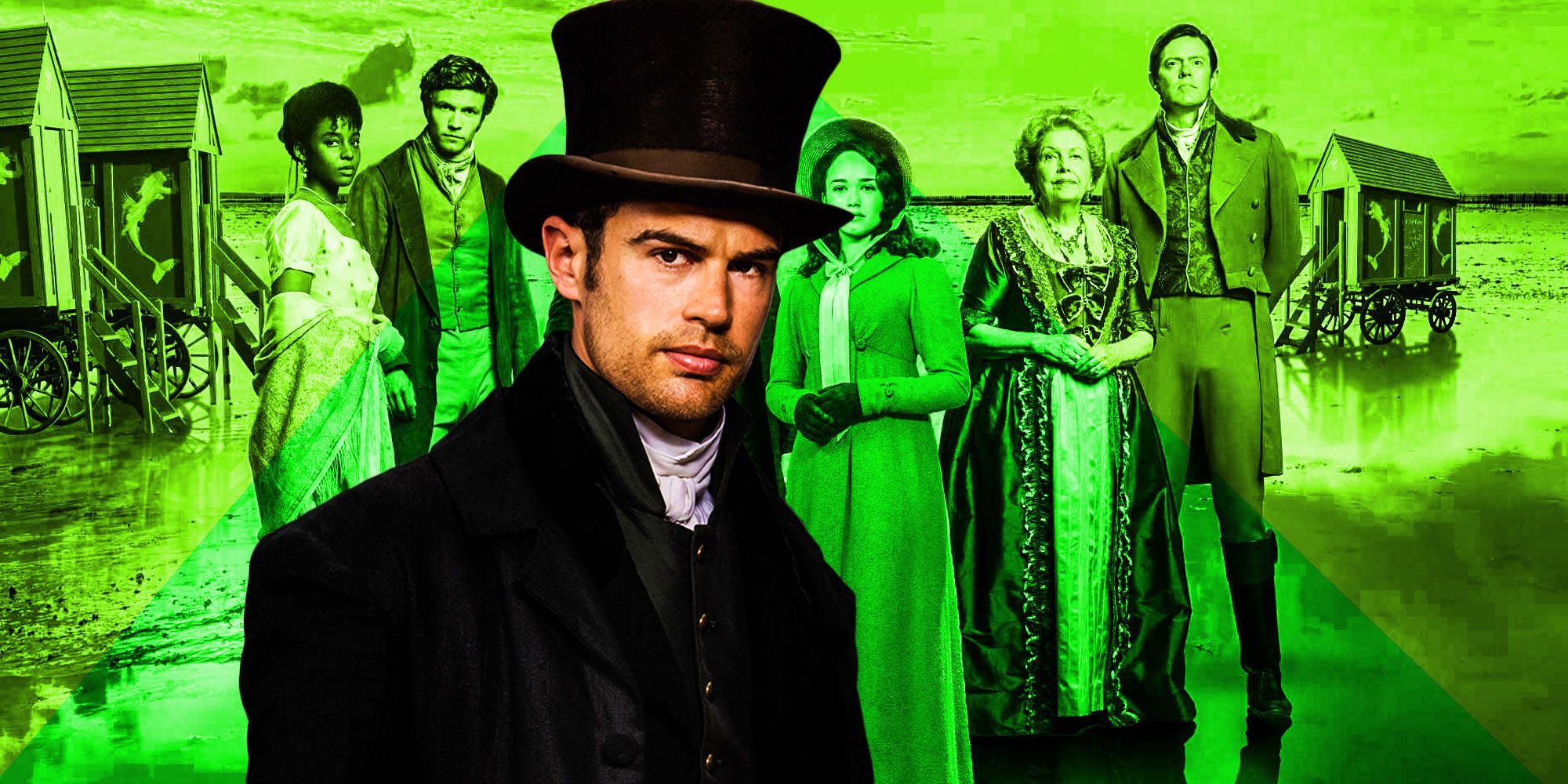 A blended image faetures Theo James as Sidney in the forefront and the rest of the cast of Sanditon in the background in a green tint