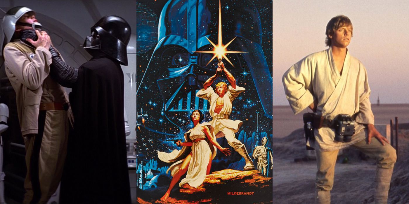 Vader choking a soldier, the film poster for Star Wars, and Luke watching the sunset in Star Wars