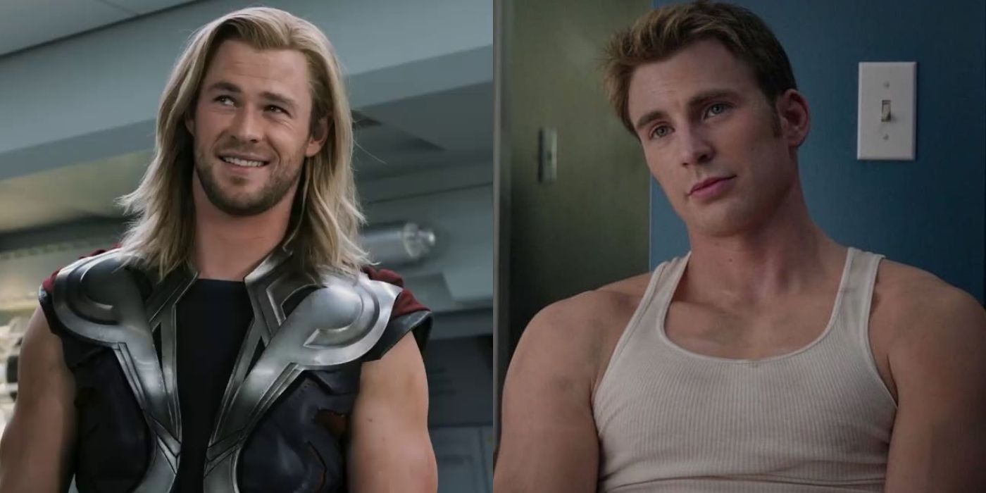 Thor smiling and Steve Rogers grinning