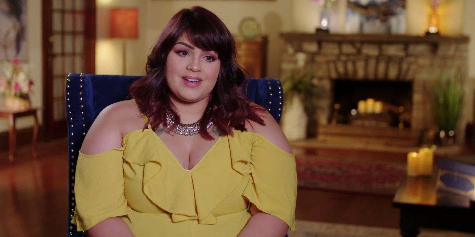 Tiffany Franco from 90 Day Fiancé The Other Way talking head wearing yellow off shoulder top