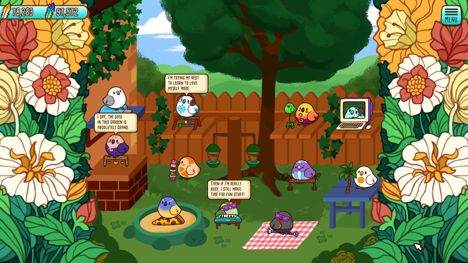 A screenshot of the video game Tiny Bird Garden Deluxe.