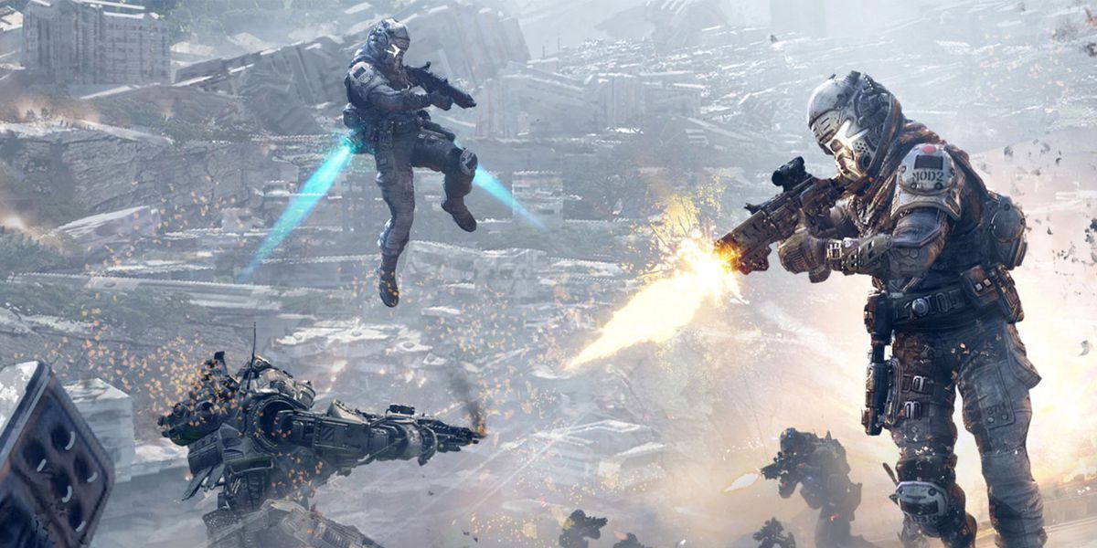Two soldiers using a jet-pack in Titanfall 2