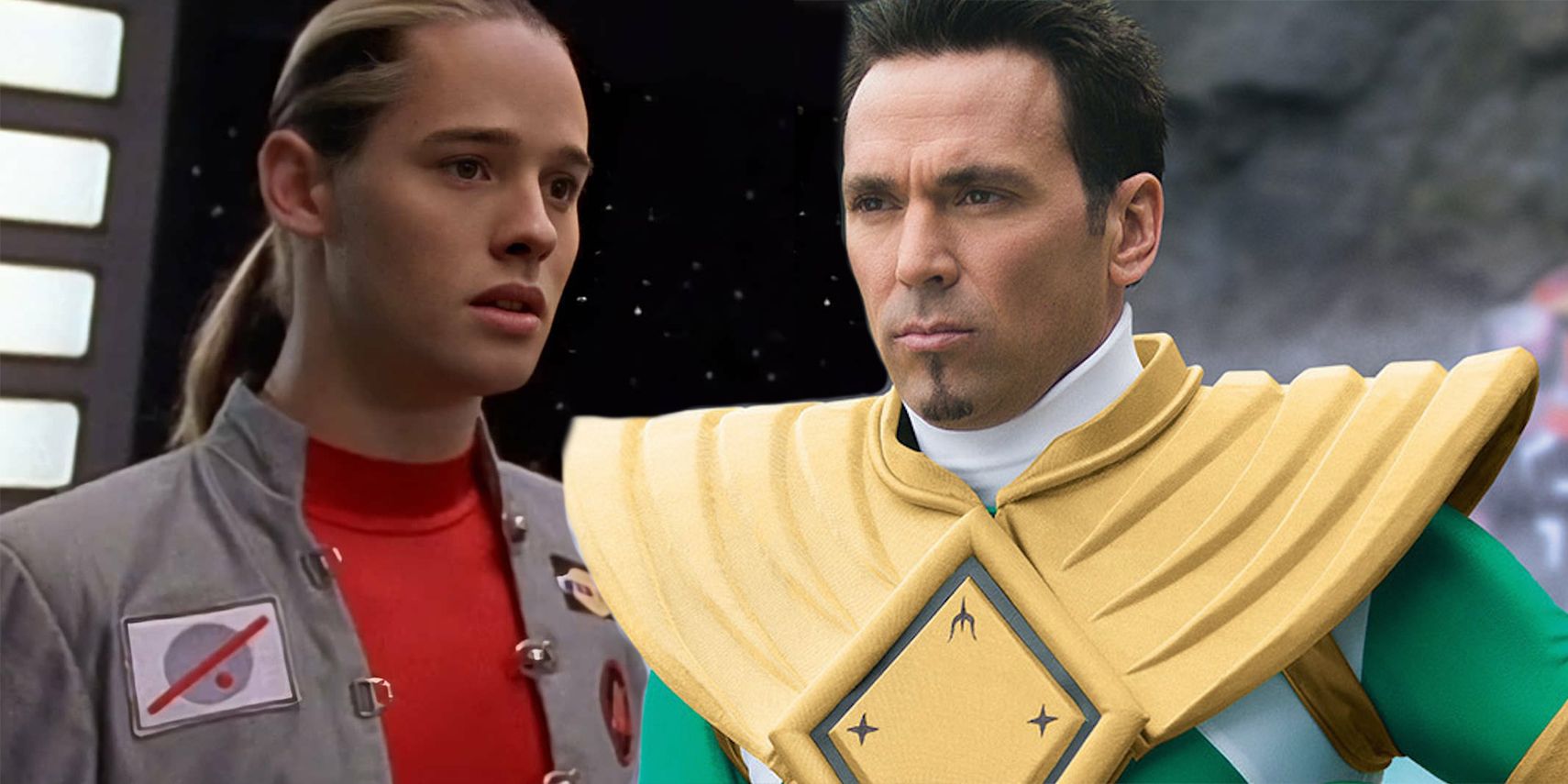 A blended image features Red Ranger Andros and Green Ranger Tommy from the Power Rangers franchise