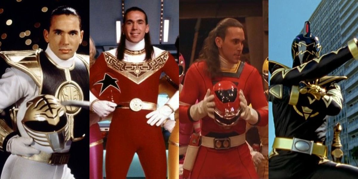A split image features Tommy Oliver as the White Mighty Morphin Power Ranger, the Red Zeo Ranger, the Red Turbo Ranger, and the Black Dino Thunder Ranger