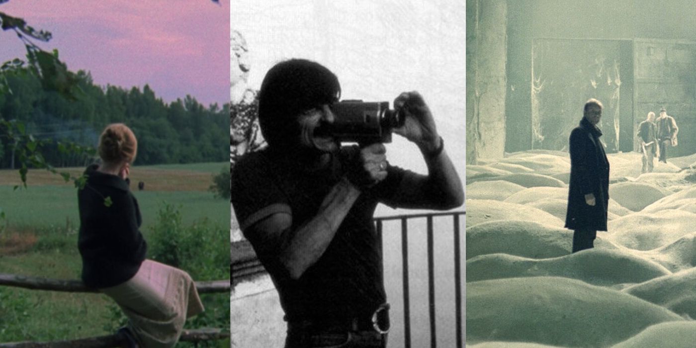 Split image of a woman sitting outside in Mirrors, Andrei Tarkovsky directing, and a person standing in a field