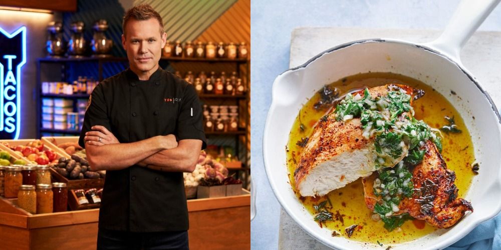 Side by side image of Brian Malarkey from Top Chef and his 5 minute chicken recipe
