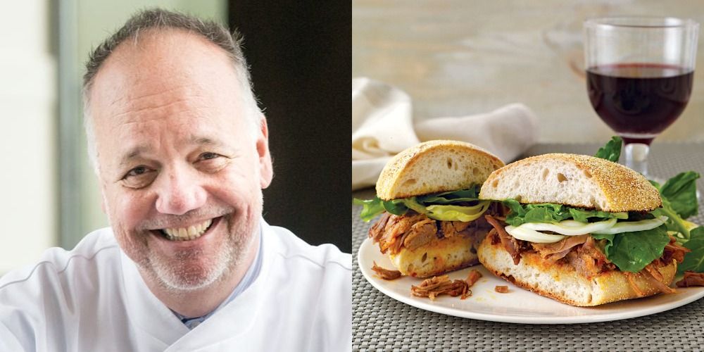 Side by side image of Tony Mantuano from Top Chef and his pork and fennel sandwhiches.