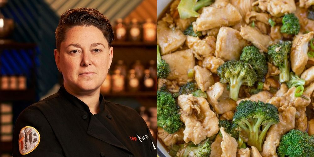 Side by side images of Linda Fernandes from Top Chef and her ginger and chicken recipe