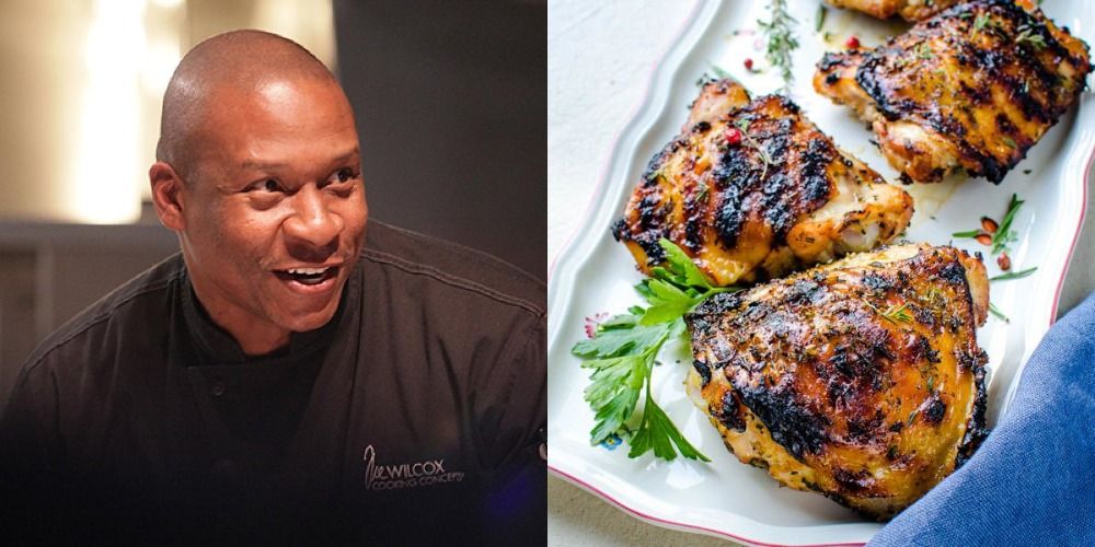Side by side image of Tre Wilcox from Top Chef and his spice rubbed chicken dish