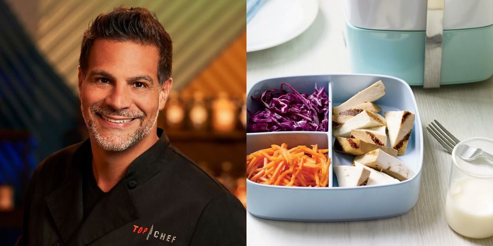 Side by side images of Angelo Sosa from Top Chef and his tofu salad dish