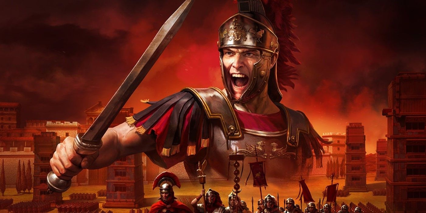 Um soldado romano gritando enquanto empunha uma espada e um exército andando abaixo dele em Total War Rome Remastered