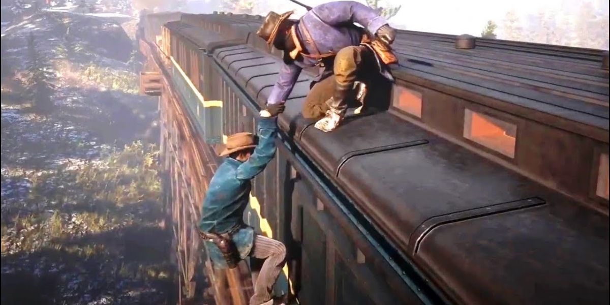 A person helps Arthur climb on top of a train in Red Dead Redemption 2