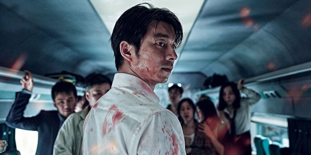 Seok-woo, and the rest of the survivors on the train in a scene from Train to Busan