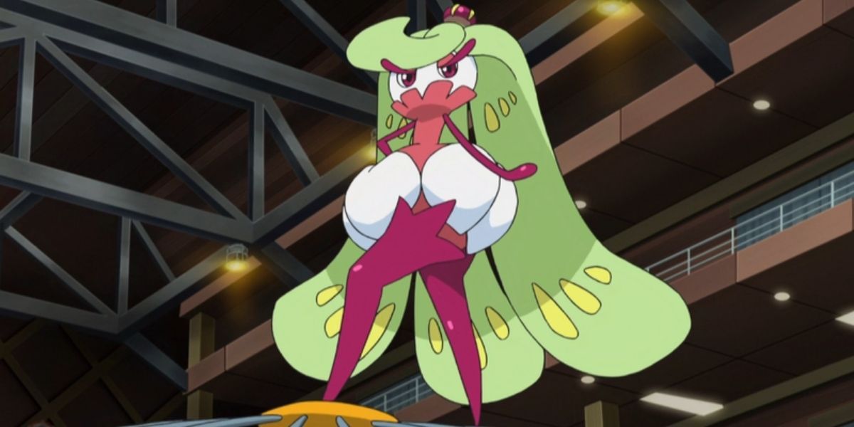 Tsareena posing on top of a gym structure in the Pokémon anime.