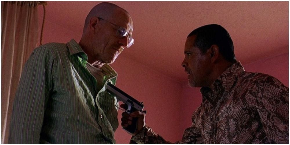 Tuco interrogates Walt at the desert cabin