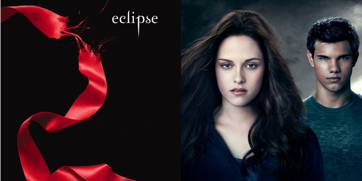 Twilight Eclipse, images from movie and book cover side by side