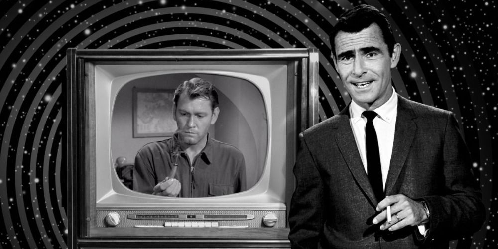 Narrator standing next to a TV in a scene from The Twilight Zone