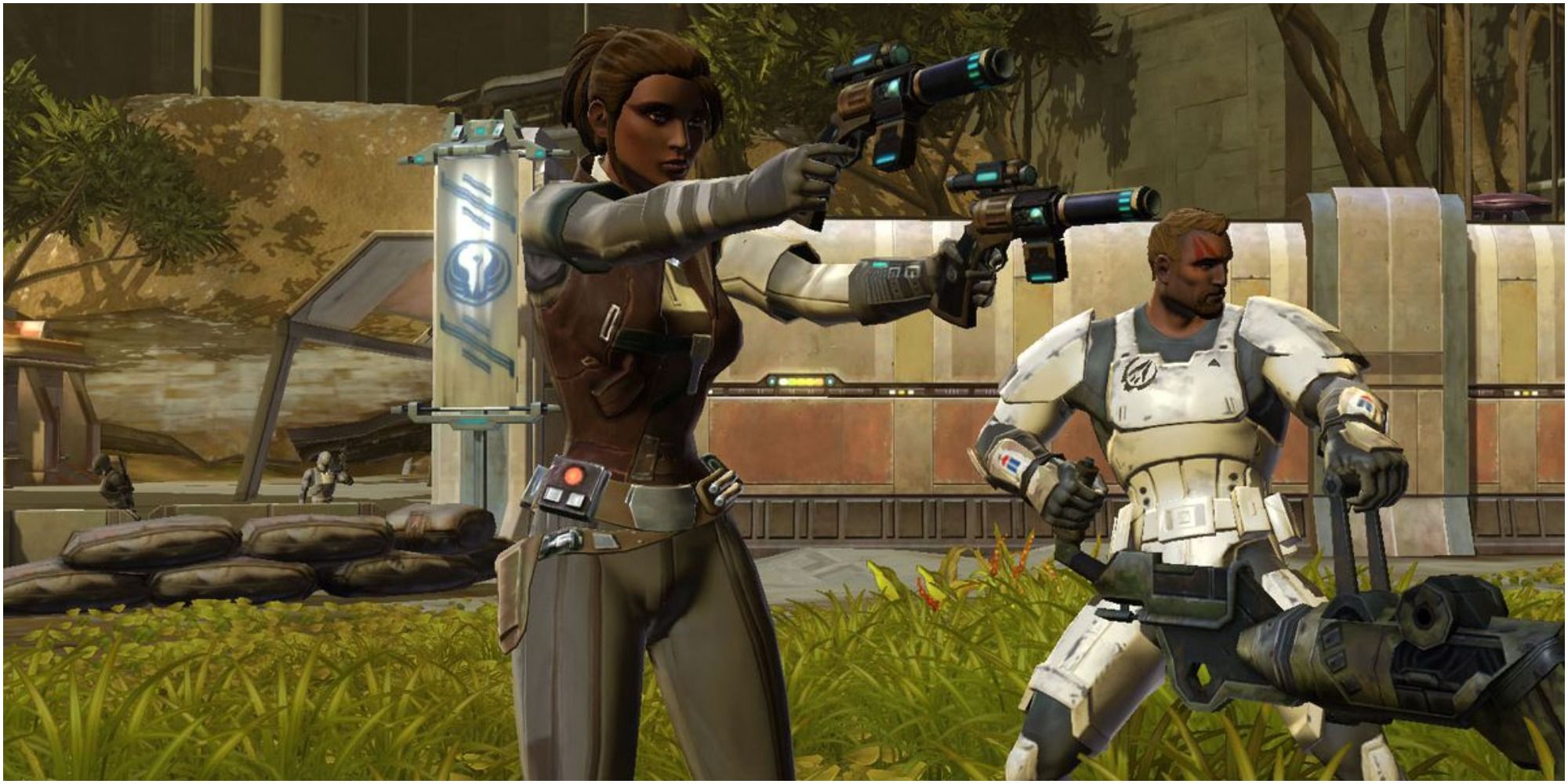 Two characters holding weapons in Star Wars Old Republic