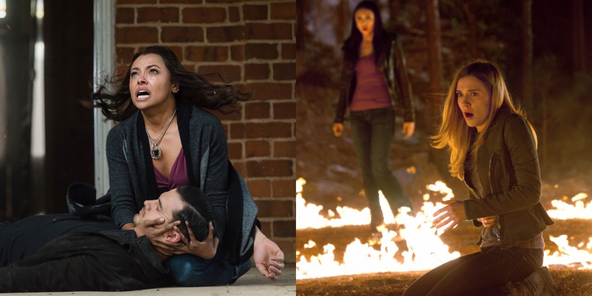 Split image of Bonnie crying over a dead Enzo and Jenna shocked with Elena at the sacrifice in The Vampire Diaries