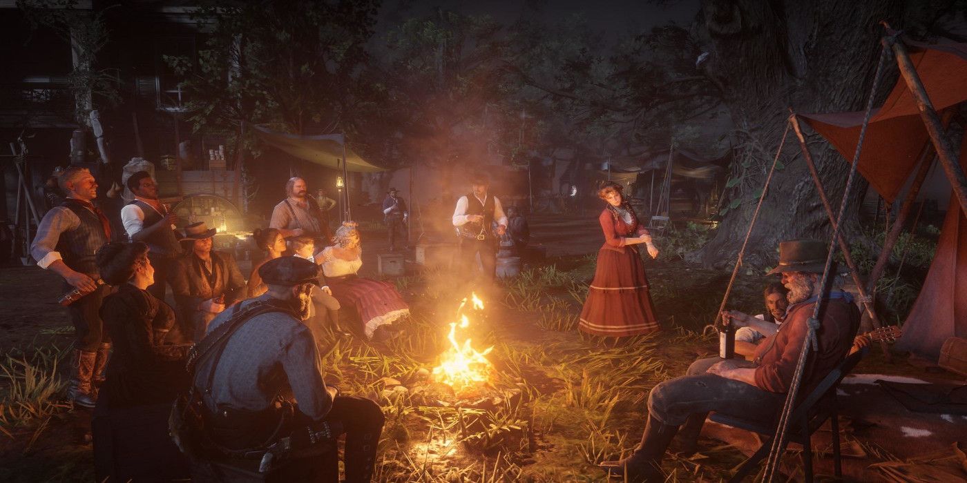 The entire Van Der Linde gang from Red Dead Redemption 2 together around a campfire