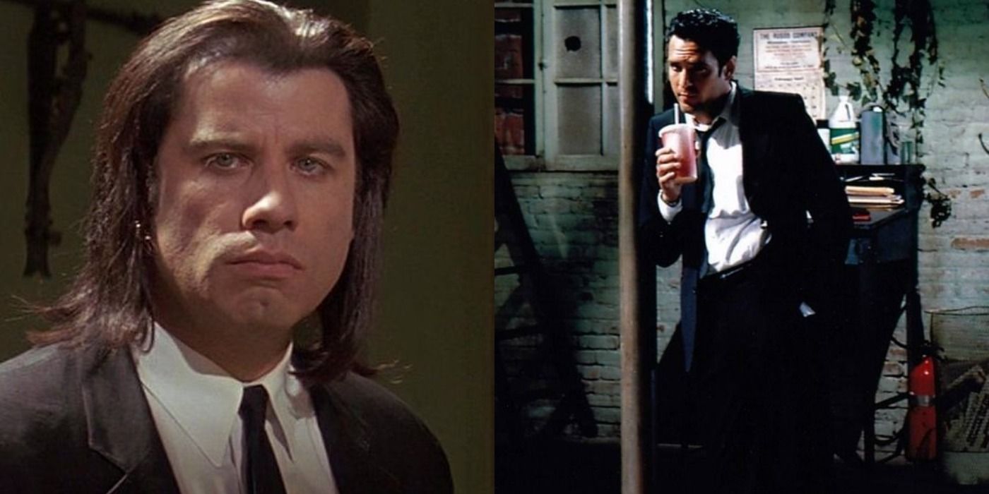 Vincent Vega looking serious in Pulp Fiction/Mr. Blonde sipping a drink in Reservoir Dogs