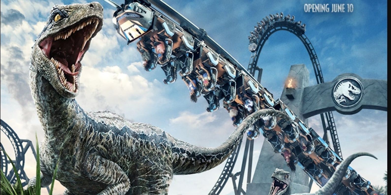 Advertisement featuring raptor and upside down rollercoaster at Universal Islands Of Adventure