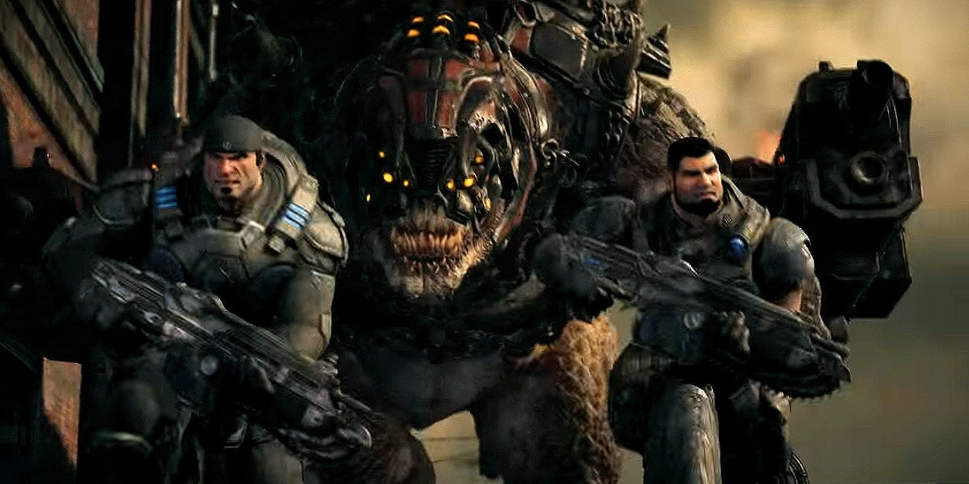 A giant Locust chases Marcus in Gears of War.