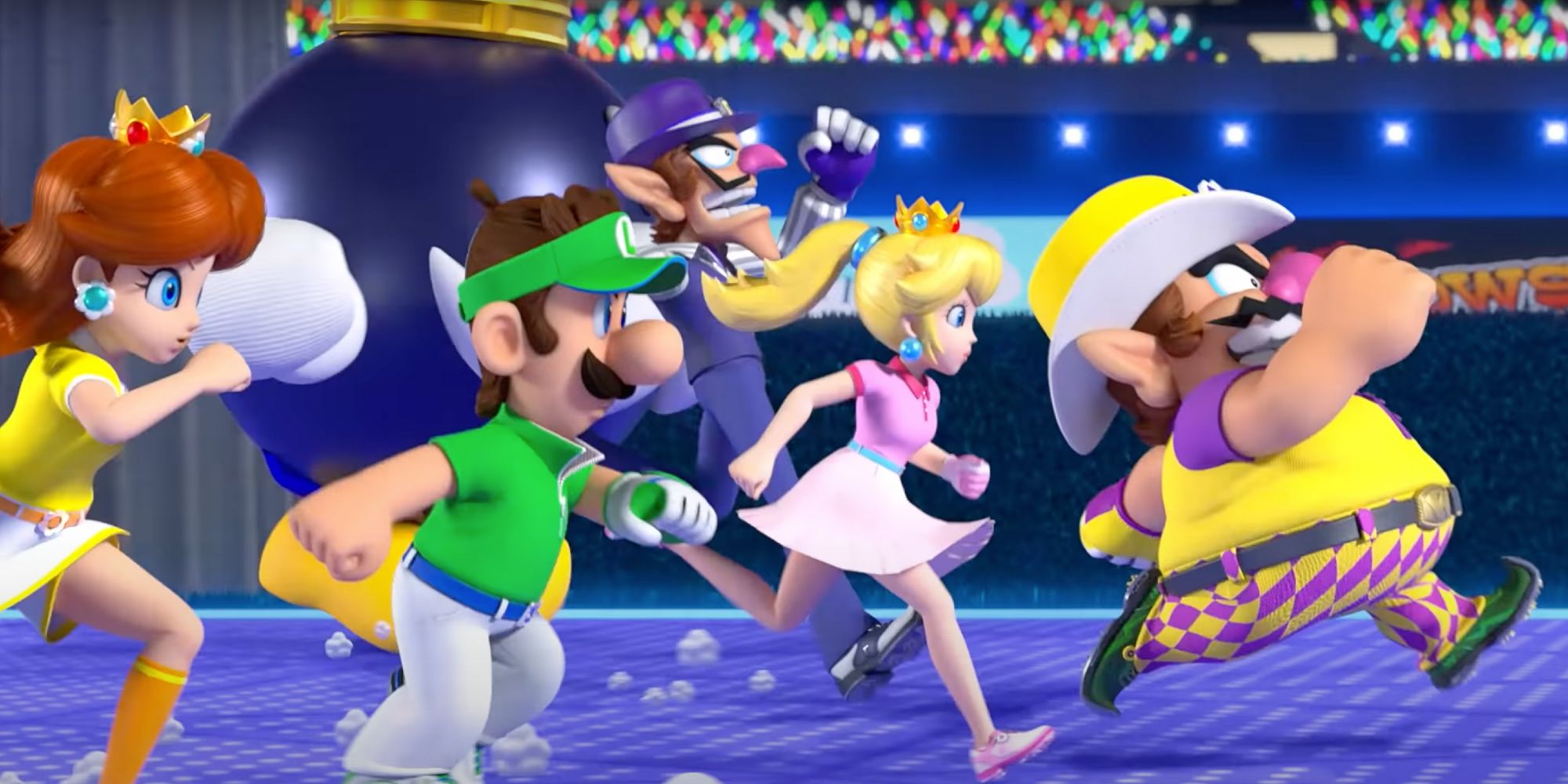 Daisy, Luigi, Peach. and Wario during the Battle Golf in Mario-Golf-Super-Rush