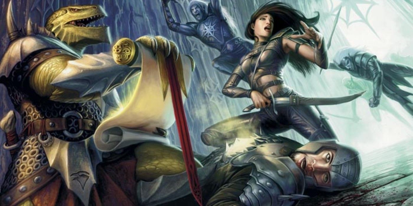 Two D&D party members crouch over a dying third, one holding open a scroll, while enemies continue to attack.