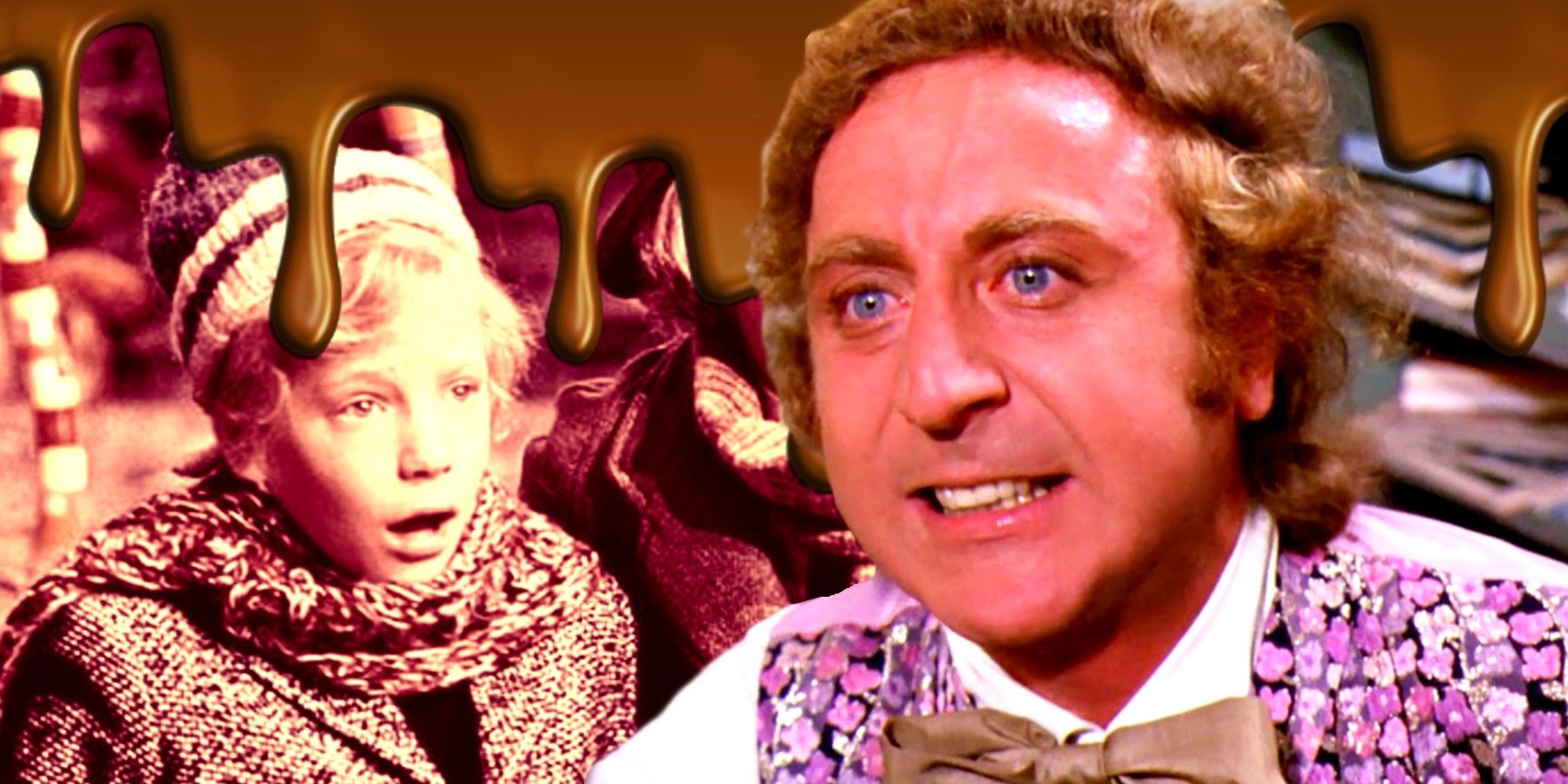 A blended image features Willy Wonka and Charlie in the original Charlie and the Chocolate Factory movie.