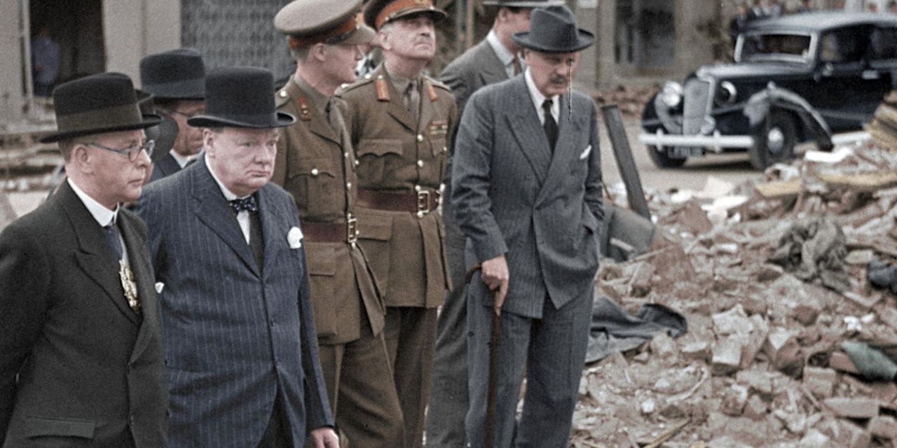 Winston Churchill observing war rubble in footage from WWII In Colour 