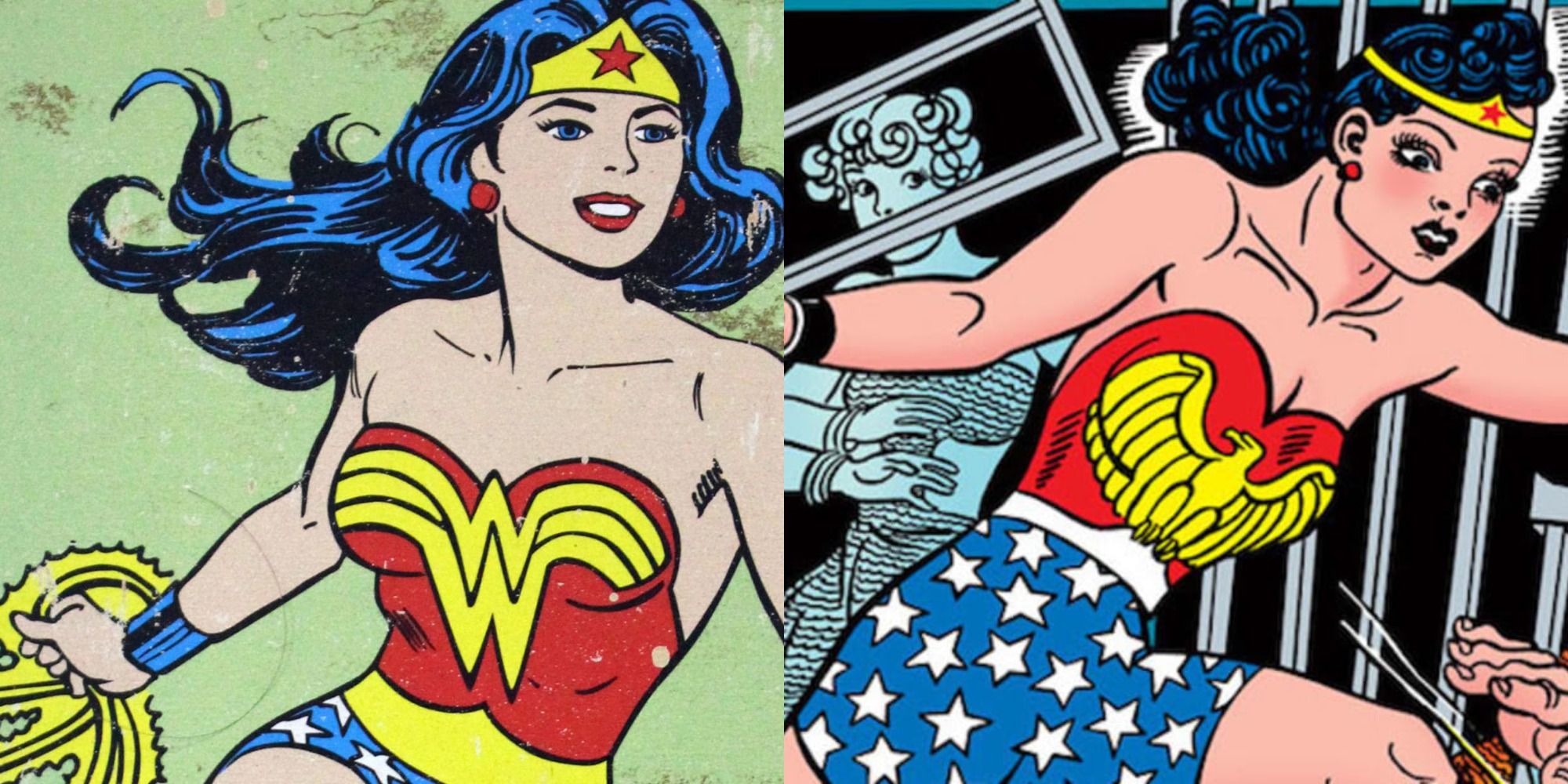 Split image depicting Wonder Woman in her early comics