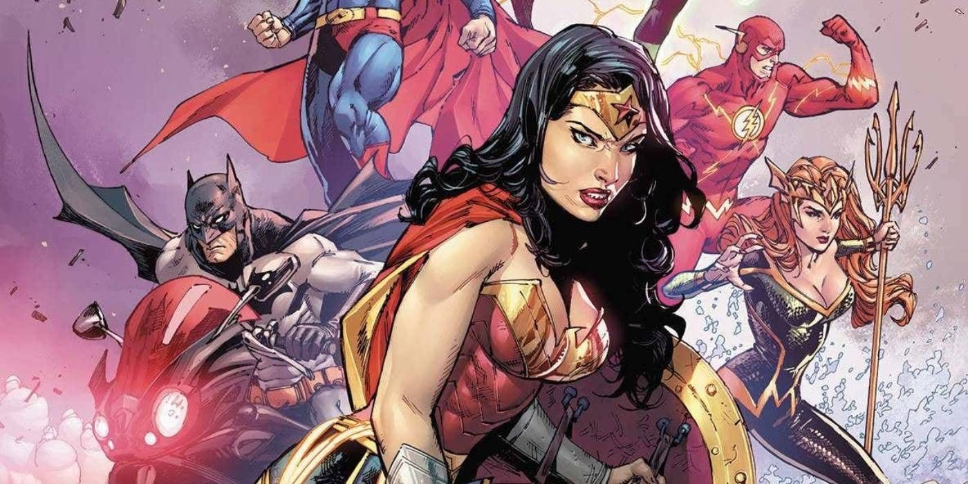An image of Wonder Woman standing in the center with Batman, Superman, the Flash, and Mera behind her.