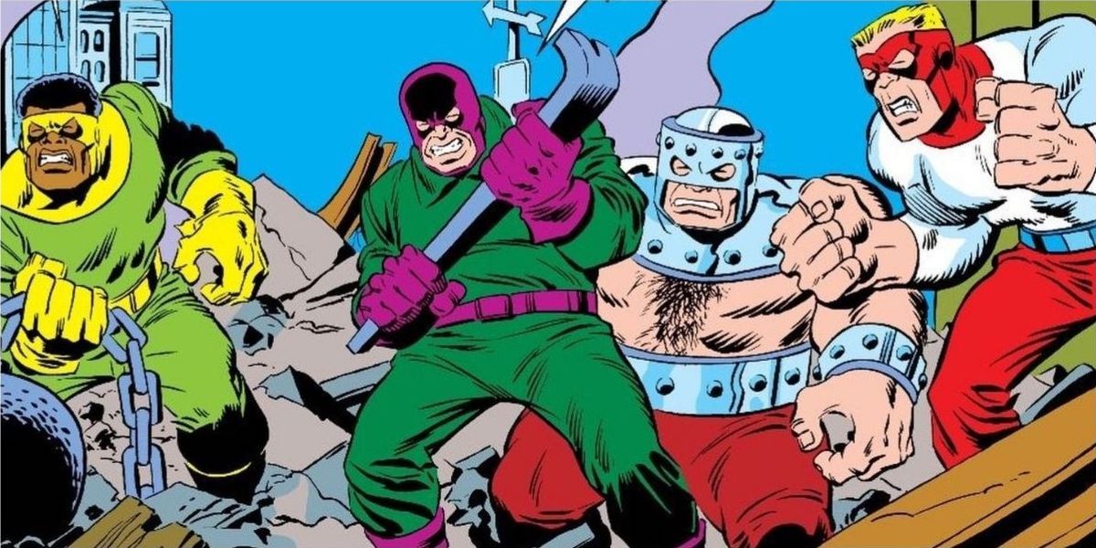 The Wrecking Crew takes on the Defenders in Marvel Comics.