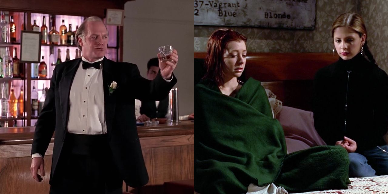 Xander's father Anthony holding drink in Hell's Bells and Buffy with Willow in Wrecked