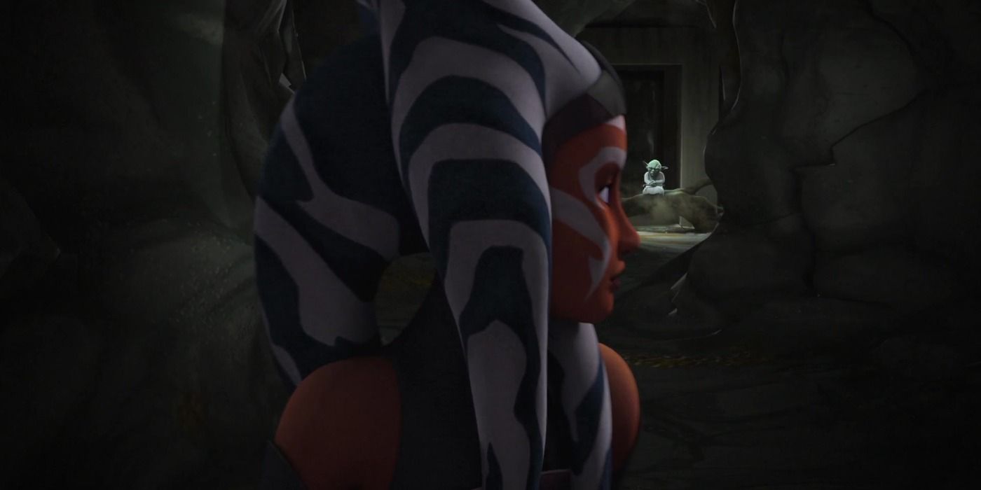 Yoda appears to Ahsoka Tano in the Jedi Temple to wave goodbye in Star Wars Rebels