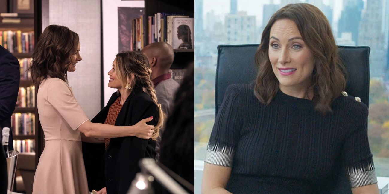 On Younger, Quinn hugging a woman, and smiling at her desk