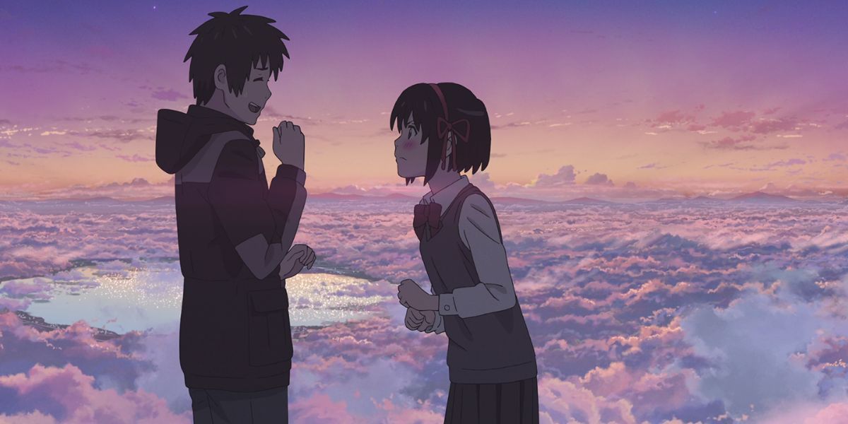 Characters standing against a purple sky in Your Name