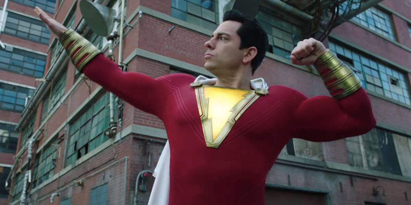 Shazam strikes a heroic pose outside an abandoned factory in Shazam.