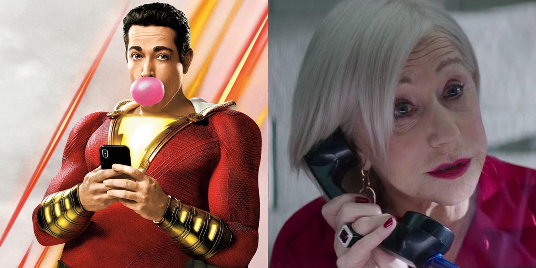 Split image of Zachary Levi in Shazam and Helen Mirren in The Fate of the Furious
